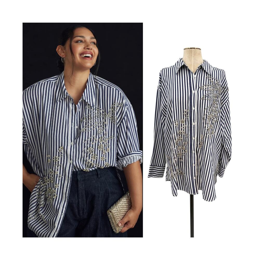 Anthropologie Maeve Bennet Beaded Sequined Button Down Shirt Striped Large